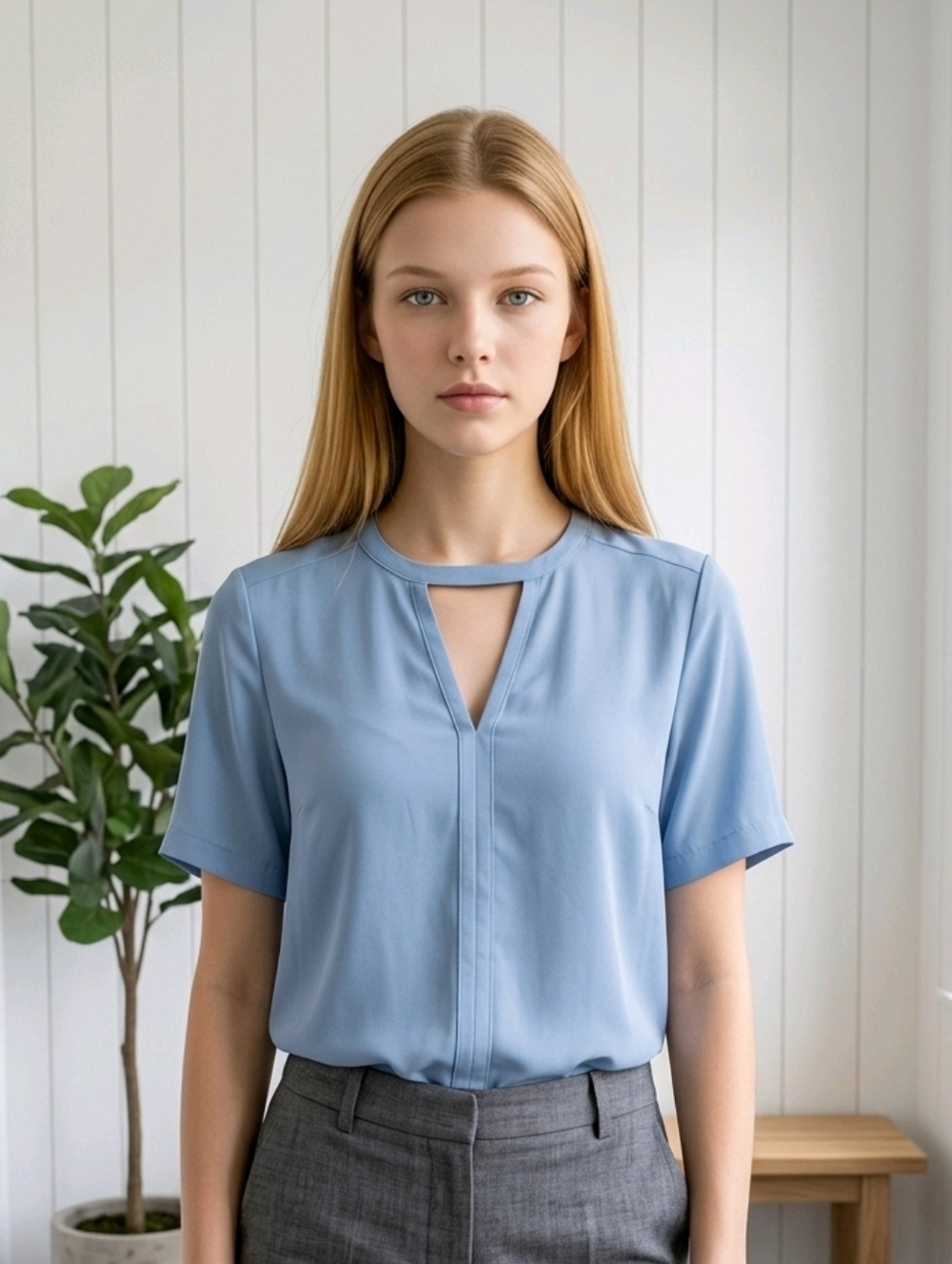 Lulus Slate Blue Chiffon Blouse XS Split V Neck Keyhole Work Office Top Capsule